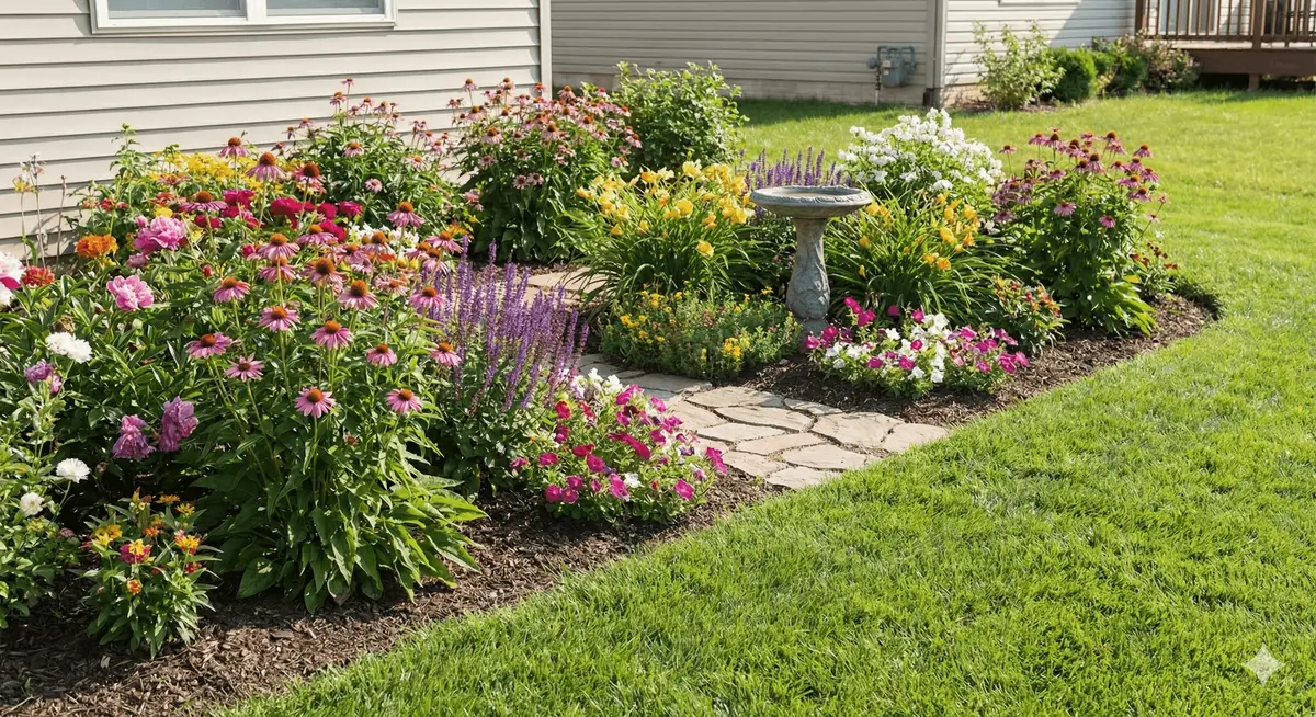 Colorful flower beds with a stone path and birdbath beside a manicured lawn