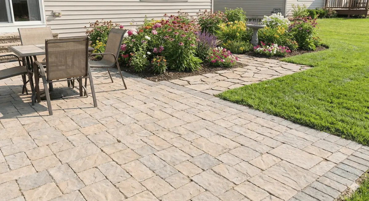 Paver stone patio and walkway bordered by flower beds and lawn