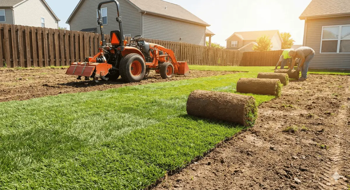 Fresh sod rolls being laid across a backyard during a lawn renovation